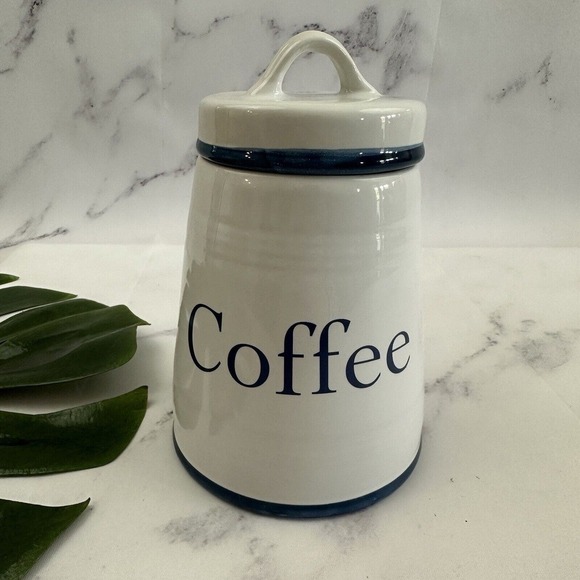 The Old Pottery Company Coffee Canister Jars White Blue Ceramic Classic Kitchen - Picture 1 of 6